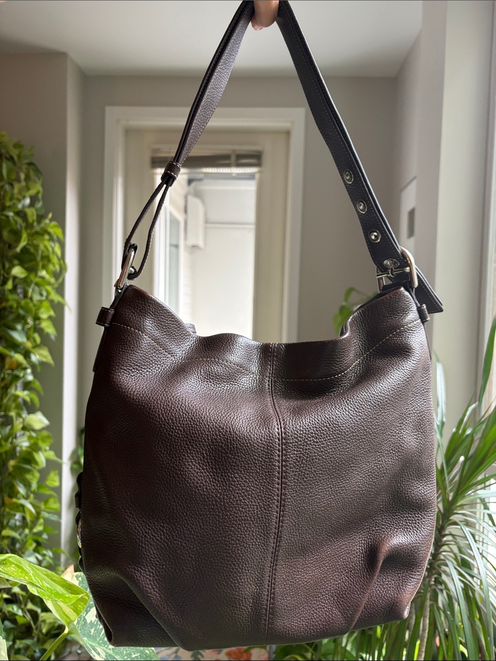 Coach Pebbled Leather Shoulder Bag Chocolate Brown
